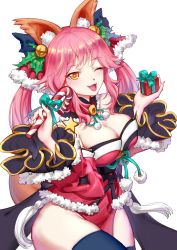 Rule 34 | 10s, 1girl, ;d, animal ear fluff, animal ears, bad id, bad pixiv id, bell, black bow, black thighhighs, blush, bow, box, breasts, brown eyes, candy, candy cane, christmas, cleavage, detached collar, detached sleeves, fate/extra, fate (series), food, fox ears, fox girl, fox tail, fur-trimmed sleeves, fur trim, gift, gift box, hair bell, hair bow, hair ornament, hair ribbon, head tilt, heart, heart-shaped pupils, highres, holding, holding food, holding gift, holly hair ornament, japanese clothes, jingle bell, kimono, long hair, long sleeves, looking at viewer, medium breasts, mo xiaoxue, obi, one eye closed, open mouth, pelvic curtain, pink hair, pom pom (clothes), red kimono, red ribbon, ribbon, santa costume, sash, short kimono, simple background, smile, solo, strapless, symbol-shaped pupils, tail, tamamo (fate), tamamo no mae (fate/extra), thighhighs, twintails, white background, wide sleeves