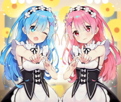 Rule 34 | 2girls, alternate costume, alternate hair length, alternate hairstyle, ayamy, bare arms, blue eyes, blue hair, blush, breasts, commentary request, dress, fang, female focus, frills, hair ornament, hair over one eye, hair ribbon, index finger raised, koi dance, long hair, looking at viewer, maid, maid headdress, matching hair/eyes, medium breasts, multiple girls, one eye closed, open mouth, pink eyes, pink hair, ram (re:zero), re:zero kara hajimeru isekai seikatsu, red eyes, rem (re:zero), ribbon, siblings, sisters, skin fang, small breasts, smile, twins, wink, x hair ornament