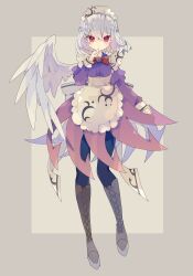 Rule 34 | 1girl, absurdres, alternate costume, apron, black pantyhose, boots, bow, bowtie, closed mouth, commentary request, cross-laced footwear, dress, enmaided, full body, grey footwear, hand on own chin, highres, kishin sagume, long sleeves, looking at viewer, maid, maid headdress, medium hair, nikorashi-ka, pantyhose, purple dress, red bow, red bowtie, red eyes, single wing, solo, touhou, white apron, white hair, white wings, wings