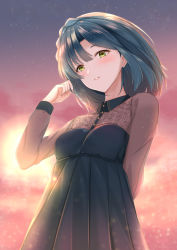 Rule 34 | 1girl, black dress, blue hair, breasts, brown eyes, collared shirt, commentary request, dress, eyebrows hidden by hair, hair between eyes, hand up, highres, idolmaster, idolmaster million live!, idolmaster million live! theater days, long sleeves, looking at viewer, nanao yuriko, parted lips, pleated dress, shirt, small breasts, solo, sunset, yuzuyu (hyui)