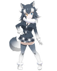 Rule 34 | 10s, 1girl, absurdres, animal ears, between breasts, black hair, blue eyes, blush, breasts, fang, full body, fur collar, gloves, grey wolf (kemono friends), hand on own hip, heterochromia, highres, kemono friends, legs apart, long hair, long sleeves, looking at viewer, multicolored hair, necktie, necktie between breasts, pitecube, simple background, skirt, solo, standing, tail, two-tone hair, white background, wolf ears, wolf tail, yellow eyes