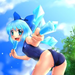 Rule 34 | 1girl, blue eyes, blue hair, bow, cirno, hair bow, looking back, matching hair/eyes, one-piece swimsuit, open mouth, popsicle, school swimsuit, senbonmatsu, short hair, solo, swimsuit, touhou, wet
