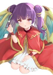 Rule 34 | 1girl, absurdres, blunt bangs, bracelet, capelet, coat, dragon girl, dragon wings, dress, ear cleaning, file112056, fire emblem, fire emblem: the sacred stones, frilled dress, frills, from above, full body, gold trim, green wings, hair tie, hand on own thigh, hand up, highres, jewelry, kneeling, legs together, long hair, looking at viewer, mimikaki, multi-tied hair, myrrh (fire emblem), nintendo, on ground, open clothes, open coat, pale skin, parted lips, pov, purple hair, red capelet, red coat, red eyes, short dress, simple background, solo, twintails, white background, white dress, wings, worried, wristband, yellow wings