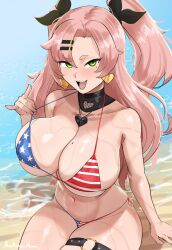 Rule 34 | 1girl, absurdres, aestheticc-meme, american flag, american flag bikini, american flag print, ass, bikini, breasts, earrings, flag print, green eyes, hair ornament, hair ribbon, hairclip, highres, huge ass, jewelry, long hair, looking at viewer, mole, navel, nicole demara, pink hair, print bikini, ribbon, smile, swimsuit, two side up, zenless zone zero