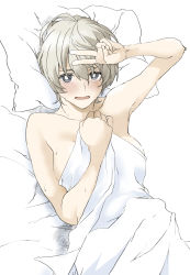 Rule 34 | 1girl, arm up, bed sheet, blue eyes, blush, bright pupils, commentary, elf (stroll in the woods), from above, girls und panzer, highres, looking at viewer, lying, naked sheet, on back, on bed, open mouth, pillow, short hair, silver hair, smile, solo, sweat, textless version, v, white pupils, youko (girls und panzer)