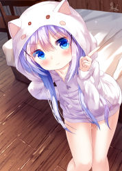 Rule 34 | 1girl, :i, animal ears, animal hood, bed, blue eyes, blue hair, blush, character hood, chinomaron, closed mouth, commentary request, drawstring, fake animal ears, gochuumon wa usagi desu ka?, hair between eyes, hair ornament, hand up, highres, hood, hood down, hooded jacket, index finger raised, indoors, jacket, kafuu chino, long hair, long sleeves, pom pom (clothes), pout, sidelocks, signature, solo, standing, suggestive fluid, v-shaped eyebrows, very long hair, wavy mouth, white jacket, wooden floor, x hair ornament