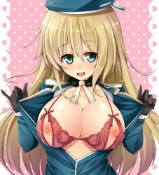 Rule 34 | 10s, 1girl, atago (kancolle), blonde hair, blue hat, blush, breasts, choker, female focus, gloves, green eyes, hat, inverted nipples, kantai collection, kuragari, large breasts, long hair, looking at viewer, nipples, open clothes, open mouth, open shirt, puffy nipples, shirt, smile, solo, upper body