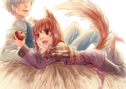 Rule 34 | 1boy, 1girl, 6bi, animal ears, apple, brown hair, craft lawrence, fang, food, fruit, grey hair, highres, holo, long hair, lying, on stomach, open mouth, red eyes, short hair, smile, spice and wolf, tail, wolf ears, wolf tail