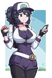 Rule 34 | 1girl, @ @, alternate breast size, backpack, bag, baseball cap, belt, black gloves, black hair, black pantyhose, breasts, cellphone, choker, closed mouth, commentary request, cosplay, covered navel, cowboy shot, creatures (company), crop top, cropped jacket, female protagonist (pokemon go), female protagonist (pokemon go) (cosplay), fingerless gloves, flying sweatdrops, game freak, gloves, hair between eyes, hands up, hat, hex maniac (pokemon), high ponytail, highres, hip focus, holding, holding phone, holding poke ball, jacket, long hair, long sleeves, looking to the side, nintendo, pantyhose, phone, poke ball, poke ball (basic), pokemon, pokemon go, pokemon xy, ponytail, purple eyes, shimure (460), short jumpsuit, smartphone, solo, standing, upper body