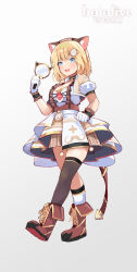 Rule 34 | 1girl, adapted costume, alternate costume, animal ears, blue eyes, breasts, cat ears, cleavage, clenched hand, commentary, copyright name, english commentary, fake animal ears, fang, hair ornament, highres, holding, holding magnifying glass, hololive, hololive english, idol clothes, kobi (piliheros2000), light blush, logo, looking down, magnifying glass, medium breasts, open mouth, plaid, plaid skirt, single thighhigh, skirt, solo, thighhighs, virtual youtuber, watson amelia