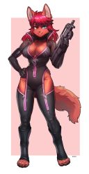 Rule 34 | 1girl, absurdres, animal ears, artist name, blue eyes, border, breasts, bullpup, choker, commission, elbow gloves, full body, fur, furry, furry female, gloves, gun, hair between eyes, hand on own hip, heterochromia, highres, holding, holding gun, holding weapon, looking at viewer, medium hair, original, p90, pgm300, pink background, red eyes, red hair, simple background, solo, standing, submachine gun, tail, two-tone background, watermark, weapon, white border
