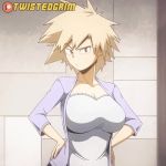 Rule 34 | 10s, 1girl, animated, artist name, bakugou mitsuki, blonde hair, blouse, boku no hero academia, bouncing breasts, breast hold, breasts squeezed together, breasts, brown eyes, clothes pull, eyes visible through hair, flashing, grin, hands on own hips, jacket, large breasts, looking at viewer, mature female, nipples, no bra, open clothes, open jacket, patreon logo, pulling own clothes, purple jacket, raised eyebrow, shirt, shirt pull, short hair, smile, solo, spiked hair, standing, tagme, tsurime, twistedgrim, undressing, video, white shirt
