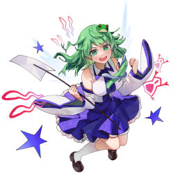 Rule 34 | 1girl, bare shoulders, blue skirt, blush, breasts, brown footwear, detached sleeves, frog hair ornament, green eyes, green hair, hair ornament, japanese clothes, kochiya sanae, long hair, looking at viewer, medium breasts, nontraditional miko, open mouth, pleated skirt, shoes, simple background, skirt, smile, snake hair ornament, socks, solo, syuri22, touhou, white background, white sleeves, white socks, wide sleeves