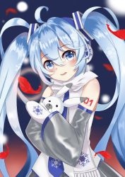 Rule 34 | 1girl, 1other, animal, bare shoulders, blue eyes, blue hair, blue neckwear, commentary, earmuffs, feathers, hair ornament, hatsune miku, hiototo39, holding, holding animal, light blue hair, long hair, mittens, necktie, parted lips, rabbit, rabbit yukine, red feathers, scarf, shirt, silver skirt, silver sleeves, sleeveless, sleeveless shirt, snow, snowflake print, twintails, upper body, very long hair, vocaloid, white scarf, white shirt, yuki miku, yuki miku (2011)