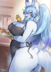 Rule 34 | 1girl, absurdres, animal ear fluff, animal ears, animal nose, apron, ass, black apron, blue eyes, blue fur, blurry, blurry background, body fur, breasts, cake, cleavage, fang, food, furry, furry female, gloves, hair between eyes, highres, holding, indoors, kitchen, large breasts, long hair, looking at viewer, naked apron, open mouth, original, plaid gloves, ponytail, snout, solo, suurin (ksyaro), tail, twitter username, yellow gloves