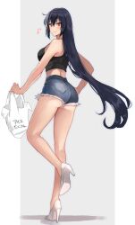 Rule 34 | 1girl, alternate costume, bag, black hair, blue shorts, blush, breasts, closed mouth, denim, denim shorts, eighth note, full body, hair between eyes, high heels, highres, holding, kantai collection, kasumi (skchkko), large breasts, long hair, musical note, nagato (kancolle), plastic bag, red eyes, shorts, smile, solo, standing, standing on one leg, white footwear