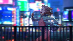 Rule 34 | 1girl, belt, blue jacket, blurry, blurry background, blurry foreground, blush, brown eyes, brown hair, building, character request, city, elbow gloves, from side, gloves, highres, jacket, long sleeves, motion blur, night, open clothes, open jacket, outdoors, pants, pink pants, pink shirt, profile, railing, regition, round teeth, running, shirt, short hair, signature, solo, sora yori mo tooi basho, sweat, tareme, teeth, translation request, unbuttoned