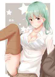 Rule 34 | 1girl, absurdres, aqua hair, black bra, blush, bra, bra visible through clothes, breasts, brown thighhighs, character name, cleavage, collared shirt, hair ornament, hairclip, highres, jacket, kantai collection, large breasts, long hair, looking at viewer, pleated skirt, school uniform, see-through, shirt, skirt, smile, solo, suzuya (kancolle), thighhighs, thighs, underwear, white shirt, yellow eyes, yoshiwoka