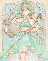Rule 34 | 1girl, absurdres, animal, aqua dress, aqua gloves, art nouveau, bare shoulders, bird, blue eyes, branch, breasts, cleavage, closed mouth, collarbone, dove, dress, feathers, gloves, green eyes, green hair, head chain, heterochromia, highres, hikonyaaa, holding, holding microphone, idolmaster, idolmaster cinderella girls, ivy, jewelry, leaf, legs together, looking at viewer, microphone, microphone stand, mole, mole under eye, plant, sash, signature, smile, solo, standing, takagaki kaede, traditional media