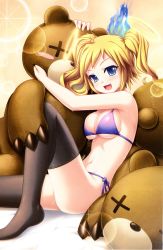 Rule 34 | 1girl, :d, absurdres, artist request, black thighhighs, blonde hair, blue eyes, blush stickers, bra, breasts, character request, cleavage, fang, halo, highres, knee up, lens flare, open mouth, panties, purple bra, purple panties, short hair, short twintails, side-tie panties, smile, solo, soukoku no arterial, stuffed animal, stuffed toy, teddy bear, thighhighs, twintails, underwear, underwear only, x x