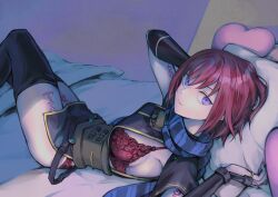 Rule 34 | 1girl, arm tattoo, black thighhighs, bra, breasts, closed mouth, dress, grel (r6hgvu5), heart, heart-shaped pillow, leg tattoo, looking at viewer, nel zelpher, panties, pillow, purple eyes, red hair, scarf, short hair, sideboob, skirt, solo, star ocean, star ocean till the end of time, tattoo, thighhighs, underwear