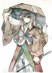 Rule 34 | 1other, aaayamitsu, absurdres, ajirogasa, alternate eye color, alternate hair color, androgynous, bag, black veil, brown bag, brown hat, brown kimono, chinese commentary, closed mouth, commentary request, cowboy shot, hand on headwear, hat, highres, holding, japanese clothes, kimono, len&#039;en, long hair, long sleeves, other focus, painting (medium), pink hair, red eyes, shirami souko, simple background, skirt, smile, solo, traditional media, veil, watercolor (medium), white background, white skirt, wide sleeves