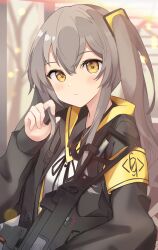 Rule 34 | 1girl, absurdres, black jacket, black ribbon, blurry, blurry background, breasts, closed mouth, depth of field, girls&#039; frontline, grey hair, gun, h&amp;k ump, hair ornament, hand up, highres, jacket, kiritapon (ihoke ), long hair, long sleeves, looking at viewer, name connection, neck ribbon, object namesake, one side up, open clothes, open jacket, puffy long sleeves, puffy sleeves, ribbon, shirt, sleeves past wrists, small breasts, solo, submachine gun, ump45 (girls&#039; frontline), upper body, weapon, white shirt, yellow eyes