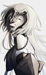 Rule 34 | 1473ex, 1girl, armor, bare shoulders, blood, blood on face, chain, collar, fate/grand order, fate (series), from side, fur trim, hair between eyes, headpiece, highres, jeanne d&#039;arc alter (fate), long hair, looking at viewer, metal collar, open mouth, simple background, solo, upper body, white background, white hair, yellow eyes