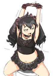 Rule 34 | 1girl, ahoge, black gloves, black hair, blush, breasts, character request, copyright request, dot nose, feet out of frame, fingerless gloves, gloves, jewelry, long hair, looking away, midriff, mrjouzi, navel, necklace, open mouth, outstretched arms, pleated skirt, shadow, sidelocks, simple background, sitting, skirt, sleeveless, small breasts, solo, thick thighs, thighs, third-party source, twintails, white background