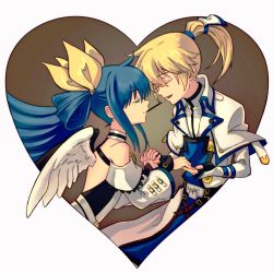 Rule 34 | 1boy, 1girl, asymmetrical wings, belt, blonde hair, blue hair, candy, choker, couple, dizzy (guilty gear), english text, closed eyes, food, guilty gear, guilty gear xrd, hands together, heart, hetero, highres, holding, holding food, holding pocky, husband and wife, kuangren k, ky kiske, long hair, o-ring, o-ring top, open mouth, pocky, ponytail, shared food, twintails, wings