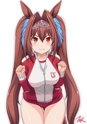 Rule 34 | 1girl, animal ears, breasts, brown hair, buruma, clenched hand, commentary request, daiwa scarlet (umamusume), gym uniform, hair intakes, highres, horse ears, horse girl, horse tail, jacket, large breasts, leaning forward, long hair, red buruma, red eyes, simple background, solo, t2r, tail, thigh gap, tiara, track jacket, twintails, umamusume, very long hair, white background