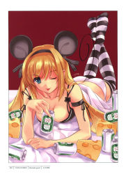 Rule 34 | 1girl, ;p, absurdres, alcohol, animal ears, bed, beer, bra, breasts, cheese, cleavage, feet, feet up, food, hair ribbon, highres, lingerie, lying, medium breasts, misaki kurehito, mouse ears, mouse tail, on stomach, one eye closed, original, panties, ribbon, solo, striped clothes, striped thighhighs, tail, thighhighs, tongue, tongue out, underwear, wink