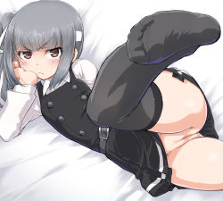Rule 34 | &gt;:, &gt;:/, 10s, 1girl, :/, belt, black thighhighs, blush, brown eyes, cleft of venus, couch, dated, dd (ijigendd), dress, feet, foreshortening, grey hair, hand on own cheek, hand on own face, head rest, headband, kantai collection, kasumi (kancolle), leg up, lying, no shoes, nude filter, on couch, on side, pinafore dress, pussy, scowl, sleeveless, sleeveless dress, solo, thighhighs, thighs, third-party edit, uncensored, upskirt, zettai ryouiki