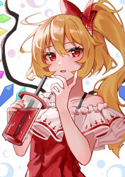 Rule 34 | 1girl, absurdres, ailu elf, alternate costume, bare shoulders, blonde hair, bow, commentary request, crystal, cup, disposable cup, drink, drinking straw, flandre scarlet, frills, hair bow, highres, holding, holding drink, long hair, looking at viewer, open mouth, red bow, red eyes, red nails, red shirt, shirt, side ponytail, smile, solo, spaghetti strap, touhou, upper body, wings