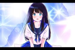 Rule 34 | 1girl, andanden, black hair, blue bow, blue bowtie, blue eyes, blue sailor collar, blue skirt, blush, bow, bowtie, collarbone, colored inner hair, commentary request, highres, letterboxed, long hair, looking at viewer, multicolored hair, no shoes, on ground, open mouth, original, pleated skirt, purple hair, sailor collar, school uniform, serafuku, shadow, short sleeves, sidelocks, sitting, skirt, solo, sparkle, toes, upper body, wariza