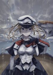 Rule 34 | 1girl, absurdres, black gloves, black ribbon, black skirt, blonde hair, breasts, capelet, come2traveling, expressionless, gloves, graf zeppelin (kancolle), grey eyes, hair between eyes, hand on own chest, hat, highres, kantai collection, large breasts, long hair, looking at viewer, neck ribbon, peaked cap, ribbon, shaded face, skirt, solo, white hat