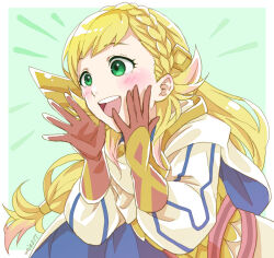 Rule 34 | 1girl, blonde hair, colored tips, commentary request, facing to the side, fire emblem, fire emblem heroes, gloves, gradient hair, green eyes, long hair, looking to the side, mojakkoro, multicolored hair, nintendo, open mouth, sharena (fire emblem), solo, teeth, upper teeth only