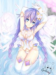 Rule 34 | 1girl, alternate costume, armpits, blue eyes, bodysuit, braid, breasts, choujinse, cleavage, elbow gloves, feathers, flower, gloves, hair flower, hair ornament, highres, large breasts, leggings, long hair, looking at viewer, neptune (neptunia), neptune (series), partially submerged, purple hair, purple heart (neptunia), sleeved gloves, smile, solo, spleeny, thighhighs, thighs, twin braids, water, white gloves, white thighhighs, wings