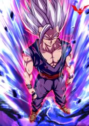 Rule 34 | 1boy, abs, aura, batm andrew, dougi, dragon ball, dragon ball super, dragon ball super super hero, electricity, from above, furrowed brow, gohan beast, highres, male focus, muscular, muscular male, red eyes, smile, solo, son gohan, torn clothes, watermark, white hair, wristband