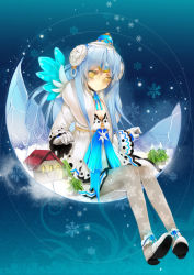 Rule 34 | 1girl, alternate costume, bad id, bad pixiv id, blue background, blue hair, coat, crescent, elsword, eve (elsword), expressionless, forehead jewel, full body, gloves, grey pantyhose, headdress, highres, house, long hair, nairofu, oao, pantyhose, patterned legwear, print pantyhose, shoes, skirt, snowflake print, snowflakes, solo, tree, yellow eyes
