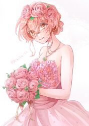 Rule 34 | 1girl, bouquet, chifu s2, closed mouth, cowboy shot, dress, flower, hair flower, hair ornament, highres, holding, holding bouquet, jewelry, looking at viewer, mole, mole under mouth, necklace, pink dress, pink eyes, pink flower, pink hair, short hair, simple background, smile, solo, standing, tachibana hinata (tokyo revengers), tokyo revengers, twitter username, white background