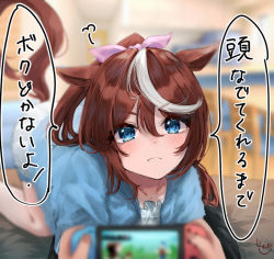 Rule 34 | 1boy, 1girl, bare legs, blue cardigan, blue eyes, blurry, blurry background, blurry foreground, blush, brown hair, cardigan, collarbone, commentary request, frown, hair between eyes, horse girl, horse tail, indoors, kneeling, looking at viewer, moedomura, multicolored hair, nintendo switch, pink ribbon, ponytail, pov, ribbon, shirt, sidelocks, signature, solo focus, speech bubble, streaked hair, tail, tokai teio (umamusume), trainer (umamusume), translated, umamusume, v-shaped eyebrows, white hair, white shirt