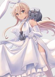 Rule 34 | 1girl, absurdres, anchor hair ornament, blonde hair, blush, closed mouth, dress, elbow gloves, frilled dress, frills, gloves, grey background, hair between eyes, hair ornament, highres, kantai collection, long hair, looking at viewer, natsume (natsume melio), official alternate costume, rensouhou-chan, shimakaze (kancolle), sidelocks, simple background, sleeveless, sleeveless dress, smile, thighhighs, white dress, white gloves, white thighhighs, yellow eyes