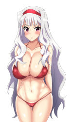 Rule 34 | 1girl, absurdres, bad id, bad pixiv id, bikini, breasts, cameltoe, covered erect nipples, cowboy shot, gluteal fold, hairband, highres, idolmaster, idolmaster (classic), large breasts, looking at viewer, purple eyes, red bikini, red hairband, shijou takane, silver hair, simple background, solo, swimsuit, tessa (uma orfevre), thigh gap, white background