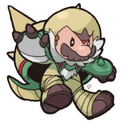 Rule 34 | 1boy, big nose, black eyes, bright pupils, brown footwear, brown hair, chesnaught, chesnaught (cosplay), claws, commentary request, cosplay, creatures (company), facial hair, full body, fur trim, game freak, gen 6 pokemon, ghost-pepper, green sleeves, long sleeves, lowres, male focus, mario, mario (series), mustache, nintendo, pokemon, shoes, short hair, simple background, solid oval eyes, solo, spiked shell, tail, turtle shell, v-shaped eyebrows, very short hair, white background, white pupils