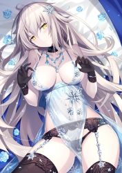 Rule 34 | 1girl, ahoge, alexandrite, artoria pendragon (fate), artoria pendragon (lancer alter) (fate), artoria pendragon (lancer alter) (fate) (cosplay), artoria pendragon (lancer alter) (royal icing) (fate), artoria pendragon (lancer alter) (royal icing) (fate) (cosplay), babydoll, bare shoulders, black panties, blue babydoll, blue flower, blue rose, blush, bracelet, breasts, choker, closed mouth, clothes tug, collarbone, cosplay, fate/apocrypha, fate/grand order, fate (series), flower, garter belt, garter straps, gloves, highres, jeanne d&#039;arc (fate), jeanne d&#039;arc (ruler) (fate), jeanne d&#039;arc alter (avenger) (fate), jeanne d&#039;arc alter (fate), jewelry, large breasts, long hair, looking at viewer, lying, navel, necklace, official alternate costume, on back, panties, purple gloves, purple thighhighs, rin yuu, rose, see-through, silver hair, sitting, solo, stomach, thighhighs, thighs, tsurime, underwear, yellow eyes