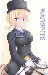 Rule 34 | 10s, 1girl, alternate costume, alternate hairstyle, blonde hair, blue eyes, braid, breasts, buttons, character name, commentary request, french braid, gloves, hat, jack (slaintheva), kantai collection, large breasts, long hair, long sleeves, looking at viewer, solo, warspite (kancolle), white gloves