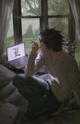 Rule 34 | 1boy, book, computer, curtains, death note, denim, flower, grey sky, highres, jeans, jnkku, l (death note), laptop, long sleeves, male focus, on bed, pants, pen, rain, shirt, short hair, sky, solo, thumb to mouth, water drop, white shirt, window