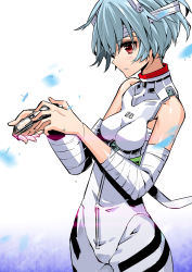 Rule 34 | 1girl, ayanami rei, bad id, bad pixiv id, bandaged arm, bandages, bare shoulders, blue hair, blush, breasts, cast, cowboy shot, unworn eyewear, from side, glasses, gradient background, hair ornament, highres, holding, holding removed eyewear, looking down, narrow waist, neon genesis evangelion, parted lips, pilot suit, plugsuit, profile, red eyes, short hair, sketch, sleeveless, small breasts, solo, tajima ryuushi, turtleneck, unitard