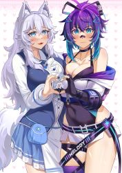 Rule 34 | 2girls, animal ears, bandaid, bandaid on face, bandaid on nose, bare shoulders, belt, belt buckle, blue eyes, blue hair, blush, breasts, buckle, choker, cleavage, commentary, commission, covered navel, cowboy shot, english commentary, esencey, fang, fingerless gloves, gloves, gradient hair, hair between eyes, heart, heart hands, heart hands duo, highres, indie virtual youtuber, large breasts, leotard, long hair, long sleeves, lumi (merryweather), melody (projektmelody), melody (projektmelody) (4th costume), multicolored hair, multiple girls, nail polish, open mouth, ponytail, purple hair, second-party source, short shorts, shorts, single thighhigh, skirt, slit pupils, tail, thigh strap, thighhighs, tongue, two-tone hair, virtual youtuber, vshojo, white hair, wolf ears, wolf girl, wolf tail, zipper, zipper pull tab